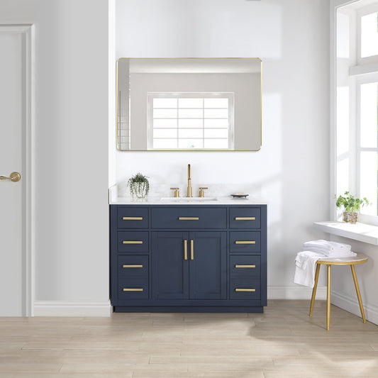 Gavino 48" Single Bathroom Vanity in Royal Blue with Grain White Composite Stone Countertop with Mirror