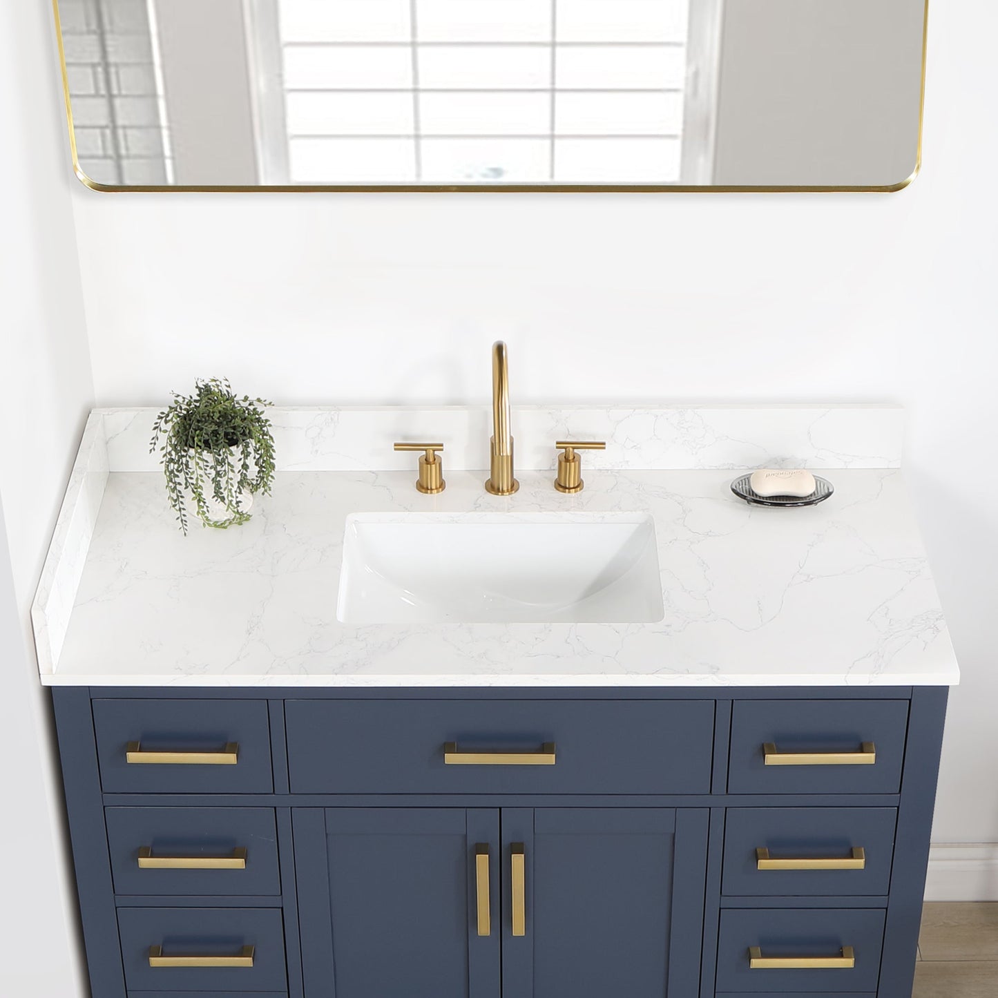 Gavino 48" Single Bathroom Vanity in Royal Blue with Grain White Composite Stone Countertop with Mirror