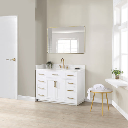 Gavino 48" Single Bathroom Vanity in White with Grain White Composite Stone Countertop without Mirror
