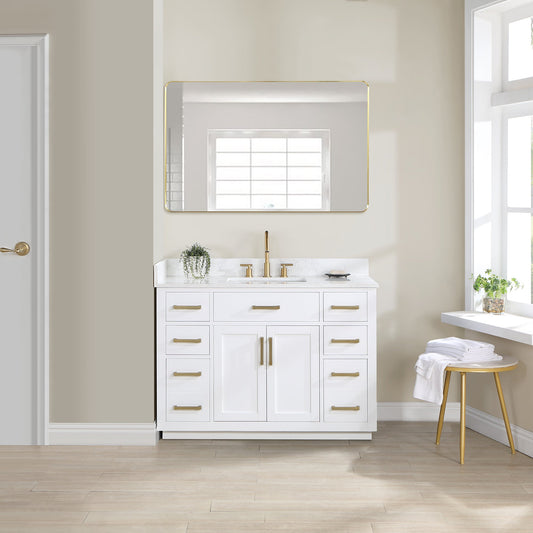 Gavino 48" Single Bathroom Vanity in White with Grain White Composite Stone Countertop with Mirror