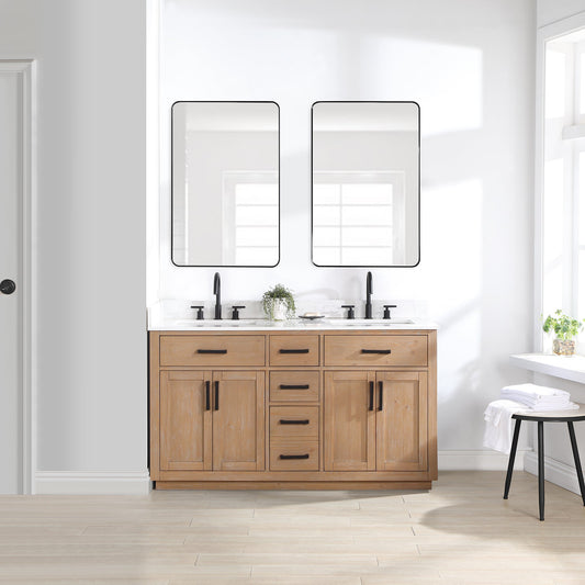 Gavino 60" Double Bathroom Vanity in Light Brown with Grain White Composite Stone Countertop without Mirror