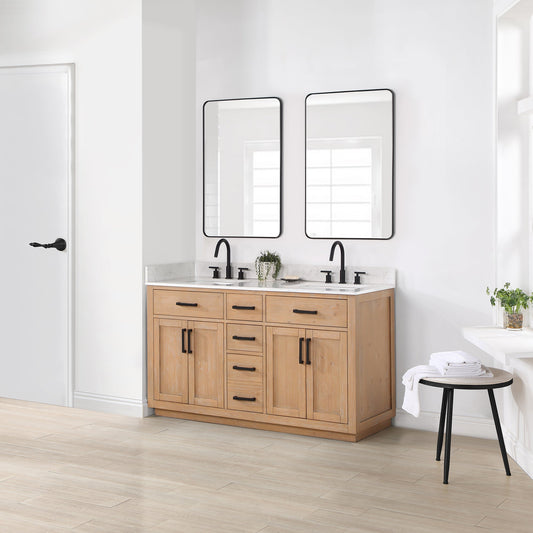 Gavino 60" Double Bathroom Vanity in Light Brown with Grain White Composite Stone Countertop without Mirror