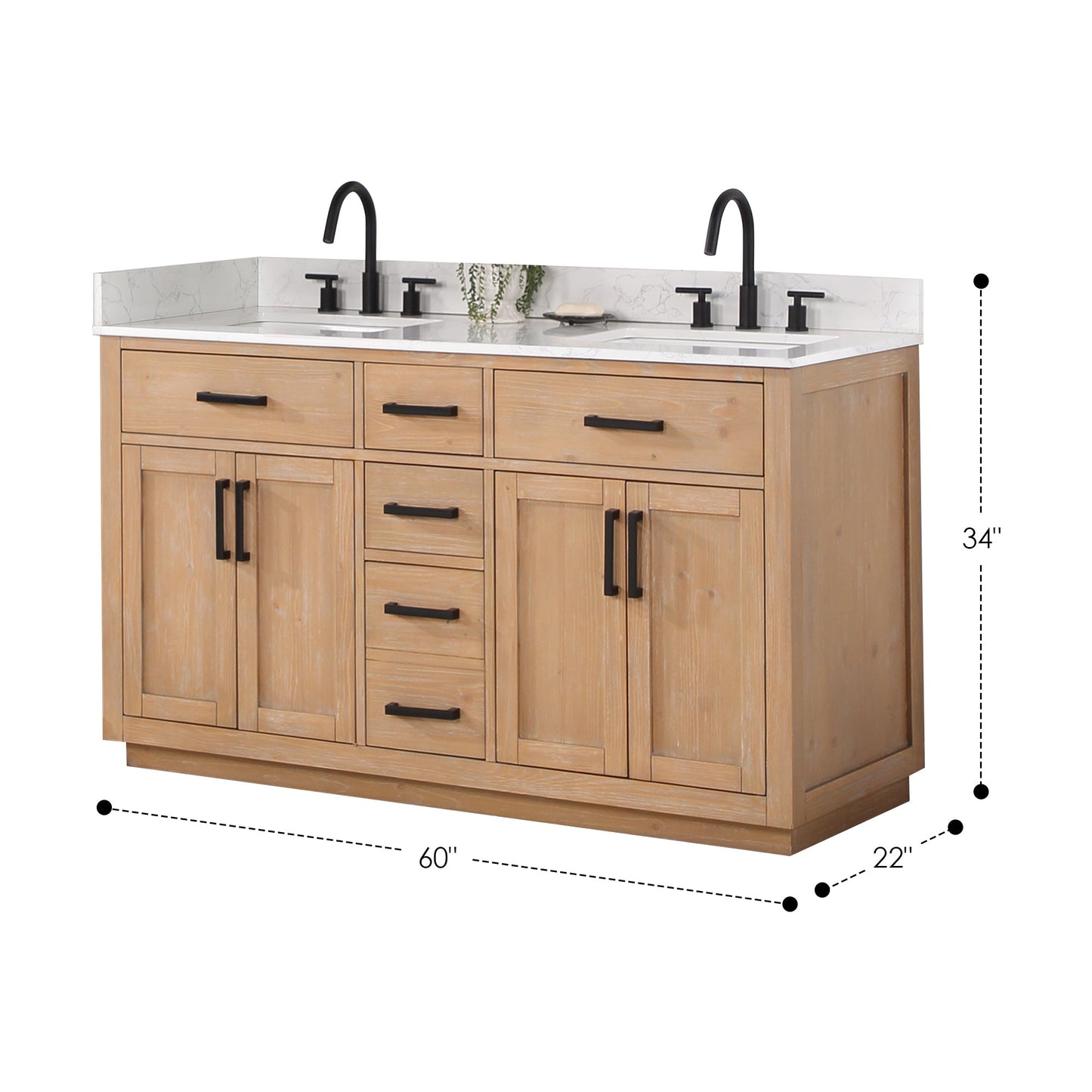 Gavino 60" Double Bathroom Vanity in Light Brown with Grain White Composite Stone Countertop without Mirror