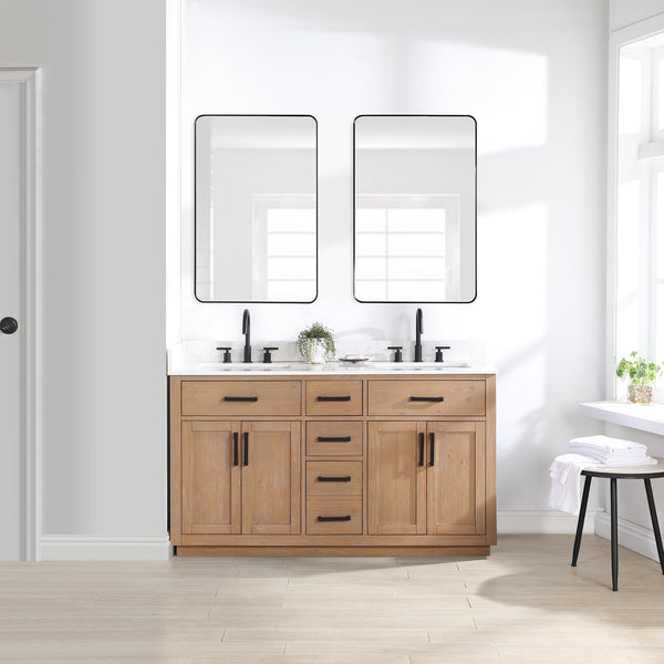 Gavino 60 Double Bathroom Vanity in Light Brown with Grain White Composite Stone Countertop with Mirror