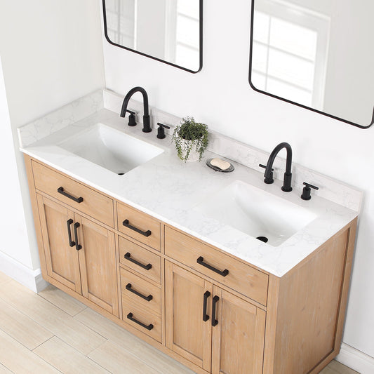 Gavino 60" Double Bathroom Vanity in Light Brown with Grain White Composite Stone Countertop with Mirror