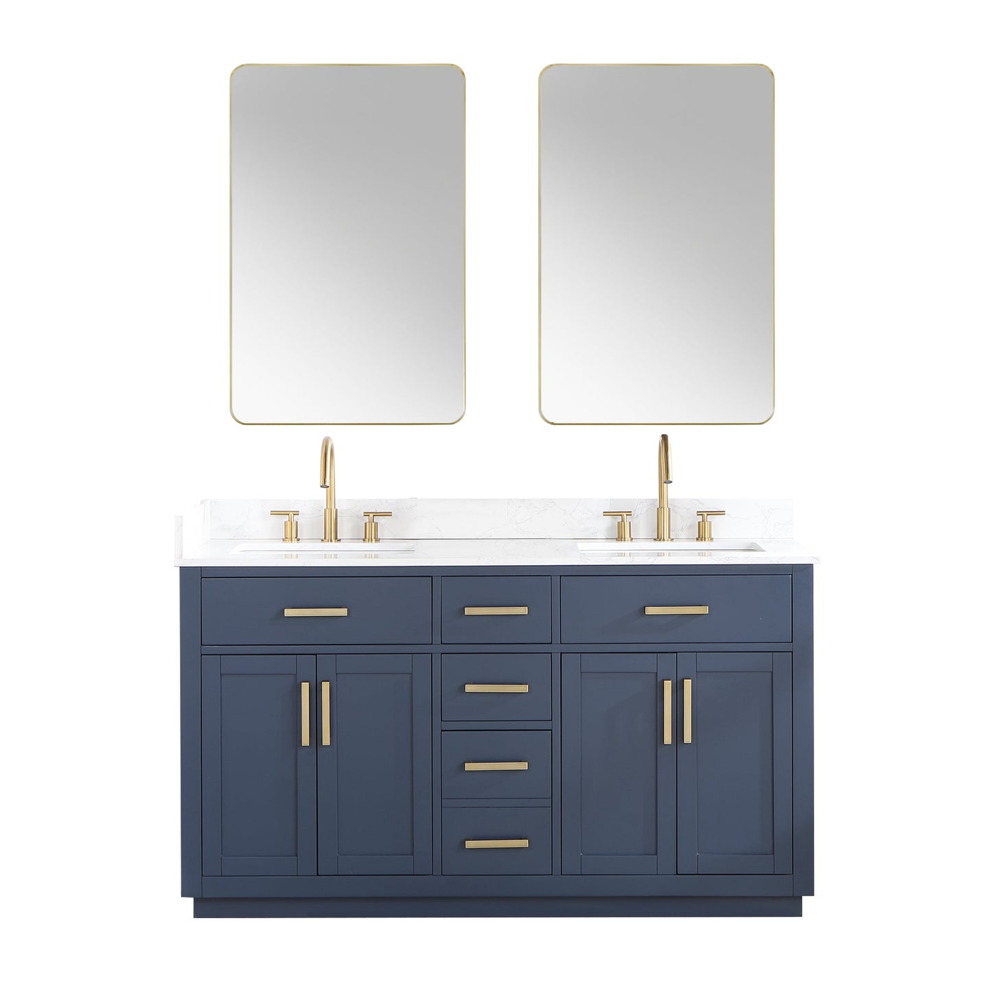 Gavino 60" Double Bathroom Vanity in Royal Blue with Grain White Composite Stone Countertop with Mirror
