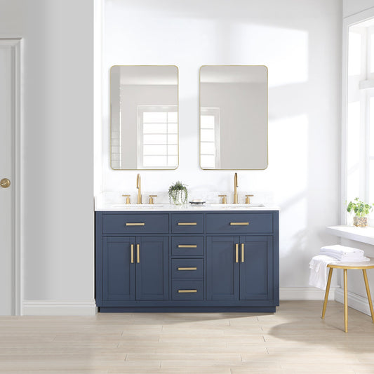 Gavino 60" Double Bathroom Vanity in Royal Blue with Grain White Composite Stone Countertop with Mirror