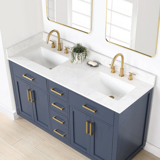 Gavino 60" Double Bathroom Vanity in Royal Blue with Grain White Composite Stone Countertop with Mirror