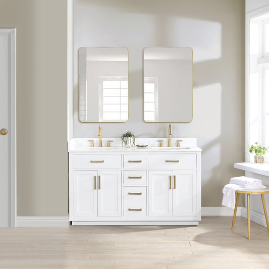 Gavino 60" Double Bathroom Vanity in White with Grain White Composite Stone Countertop without Mirror