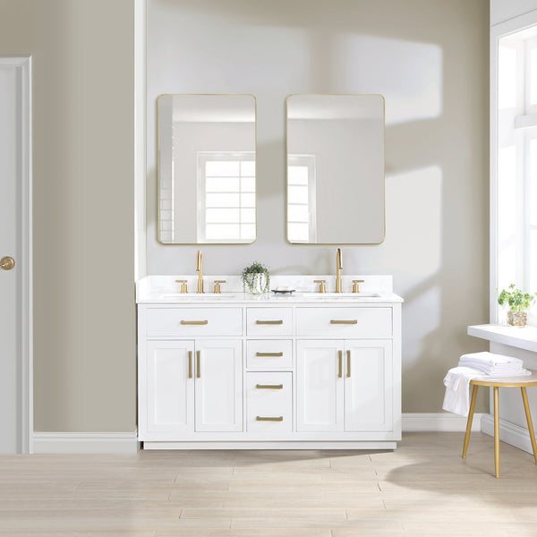 Gavino 60 Double Bathroom Vanity in White with Grain White Composite Stone Countertop without Mirror