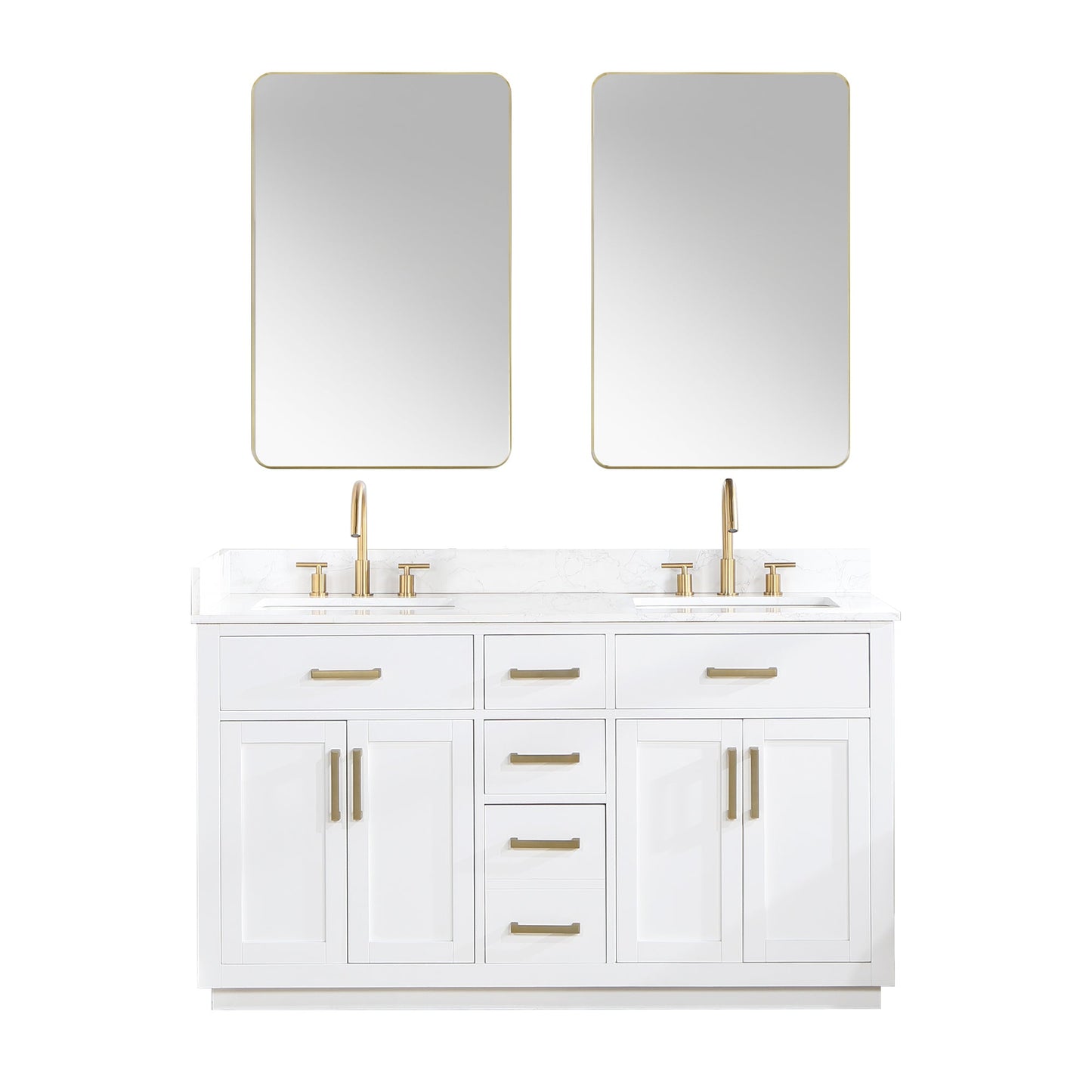 Gavino 60" Double Bathroom Vanity in White with Grain White Composite Stone Countertop with Mirror