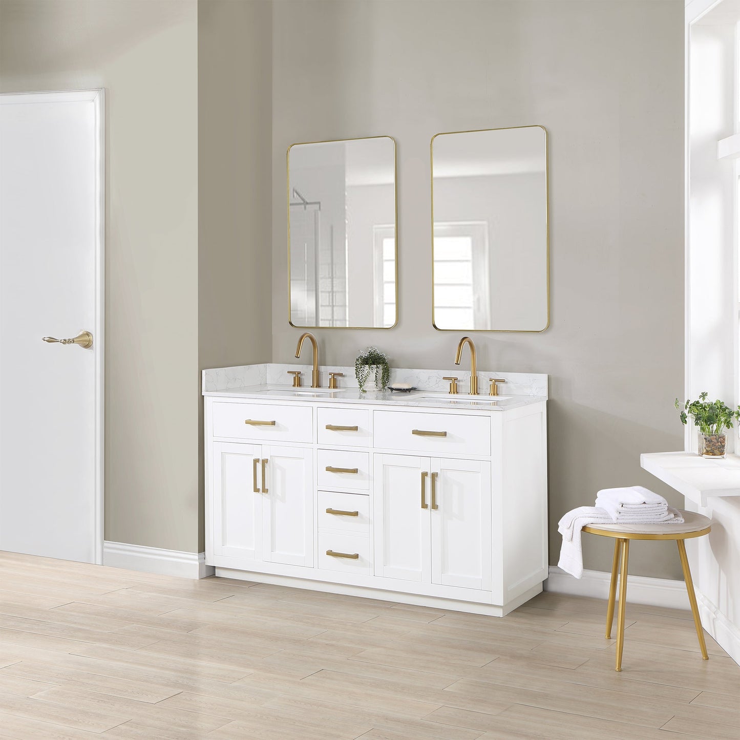 Gavino 60" Double Bathroom Vanity in White with Grain White Composite Stone Countertop with Mirror