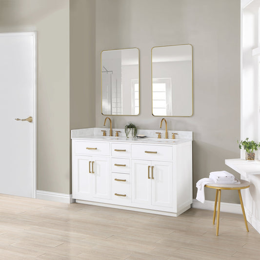 Gavino 60" Double Bathroom Vanity in White with Grain White Composite Stone Countertop with Mirror