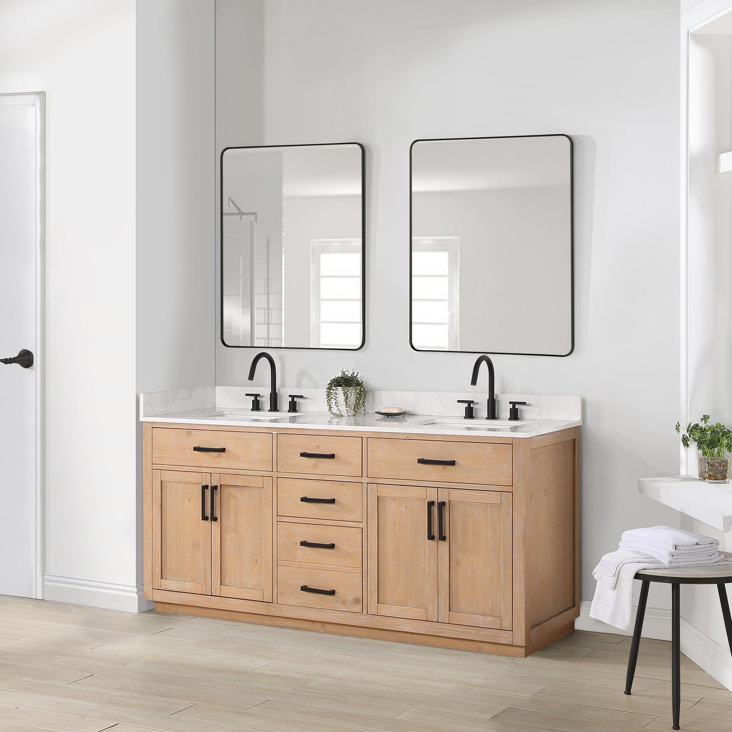 Gavino 72" Double Bathroom Vanity in Light Brown with Grain White Composite Stone Countertop without Mirror