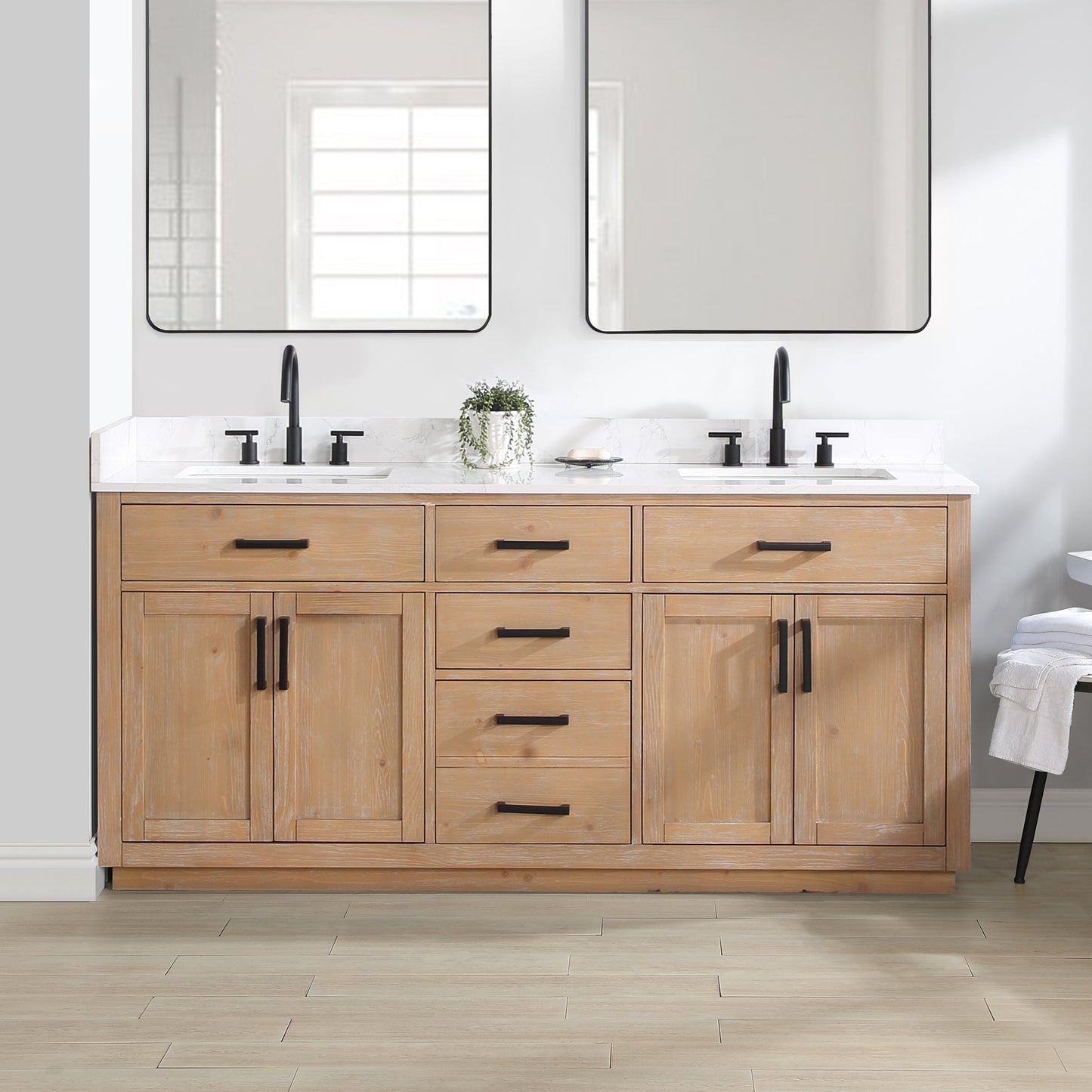 Gavino 72" Double Bathroom Vanity in Light Brown with Grain White Composite Stone Countertop without Mirror