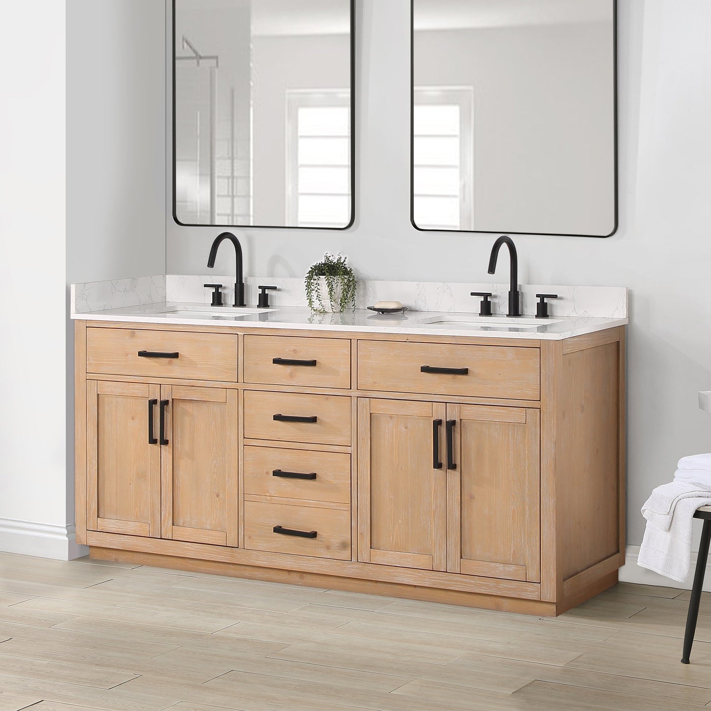 Gavino 72" Double Bathroom Vanity in Light Brown with Grain White Composite Stone Countertop without Mirror