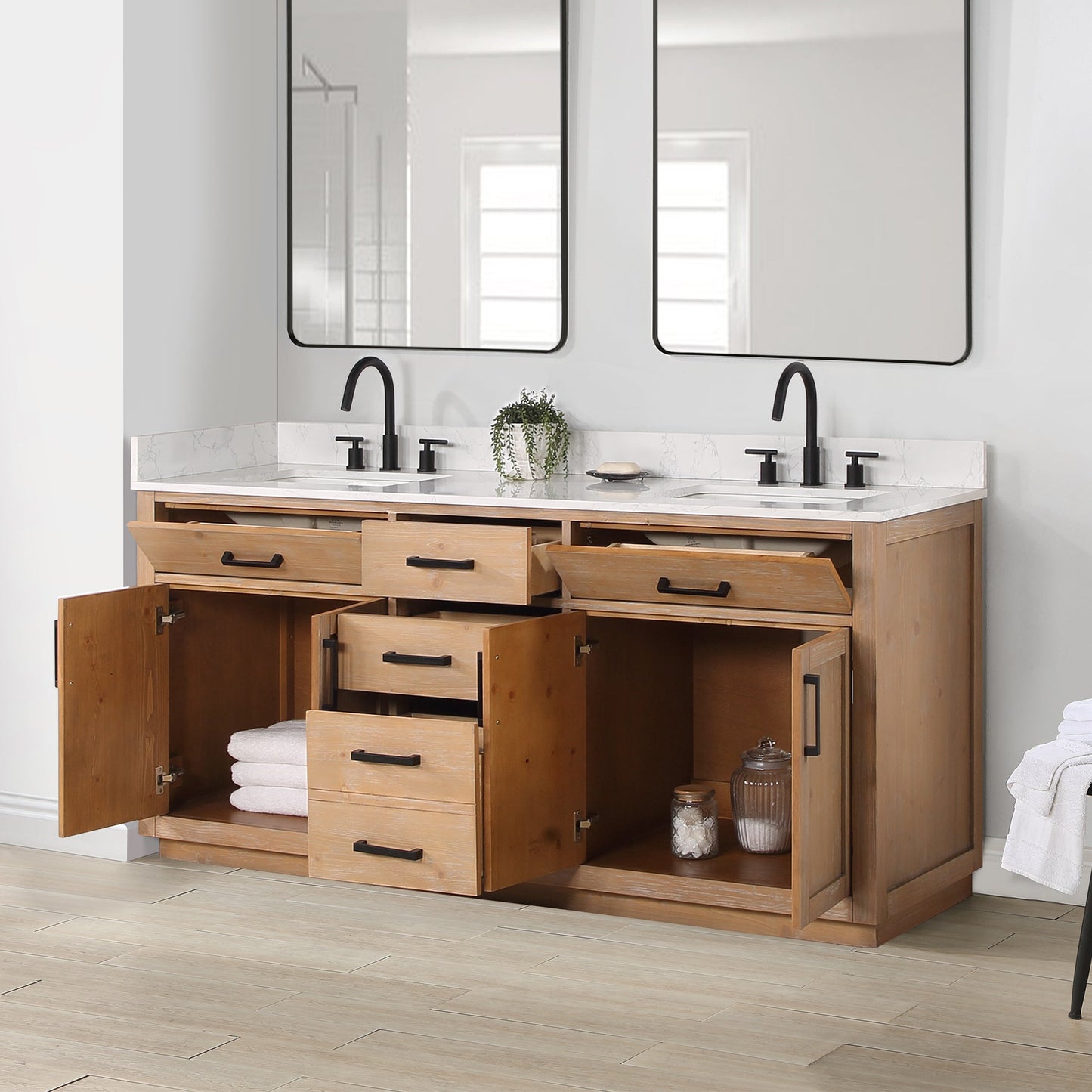 Gavino 72" Double Bathroom Vanity in Light Brown with Grain White Composite Stone Countertop without Mirror