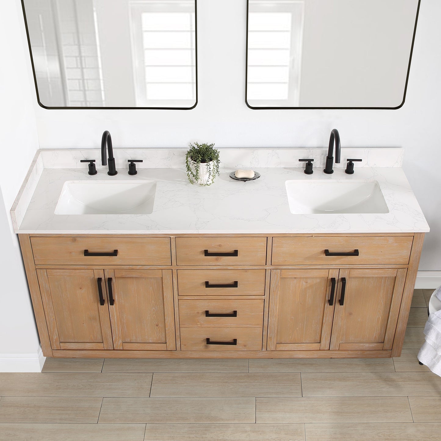 Gavino 72" Double Bathroom Vanity in Light Brown with Grain White Composite Stone Countertop without Mirror