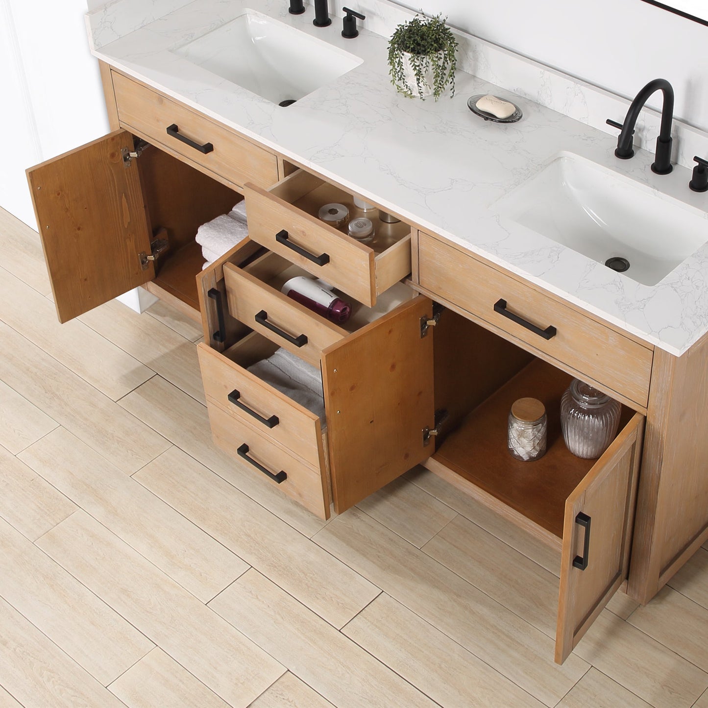 Gavino 72" Double Bathroom Vanity in Light Brown with Grain White Composite Stone Countertop without Mirror