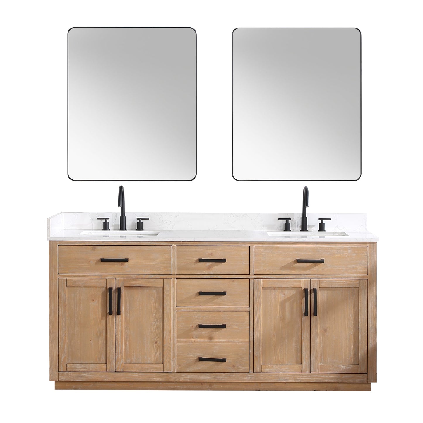 Gavino 72" Double Bathroom Vanity in Light Brown with Grain White Composite Stone Countertop with Mirror