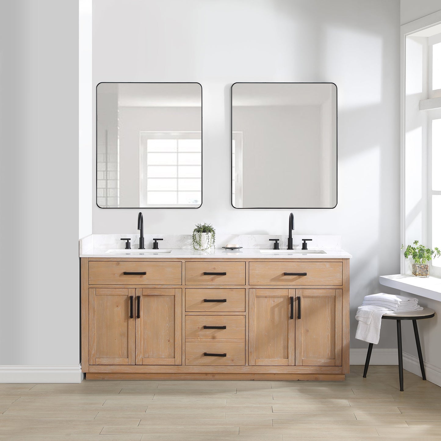 Gavino 72" Double Bathroom Vanity in Light Brown with Grain White Composite Stone Countertop with Mirror