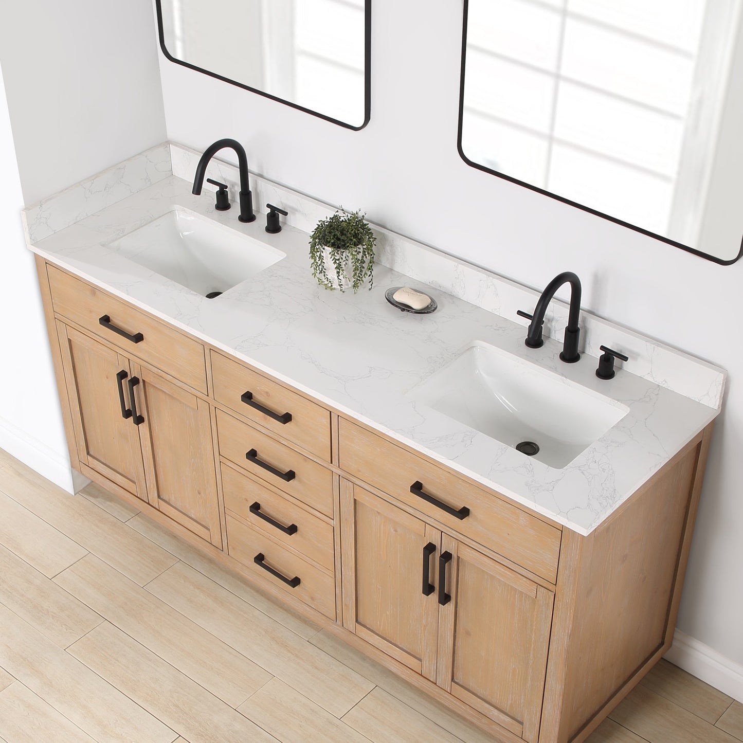 Gavino 72" Double Bathroom Vanity in Light Brown with Grain White Composite Stone Countertop with Mirror