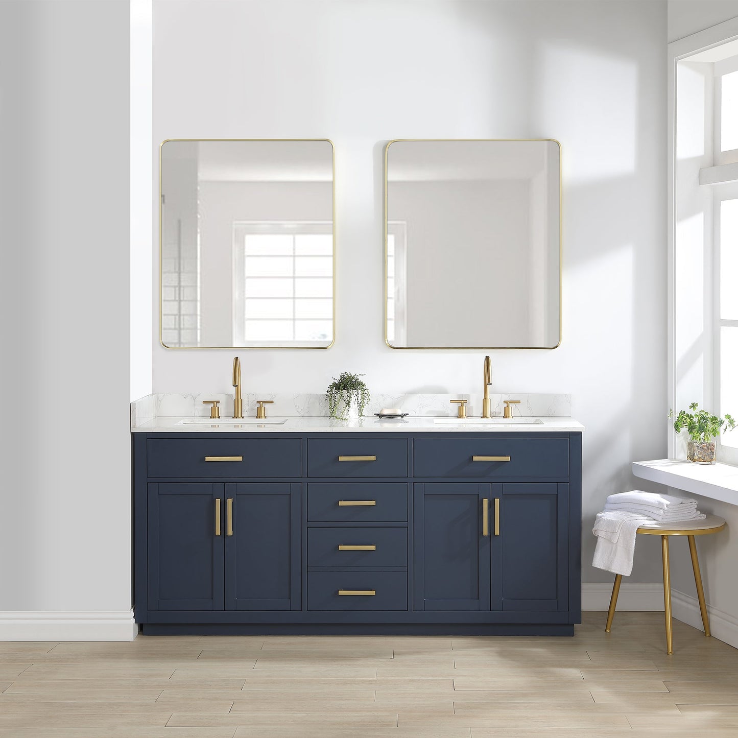 Gavino 72" Double Bathroom Vanity in Royal Blue with Grain White Composite Stone Countertop without Mirror