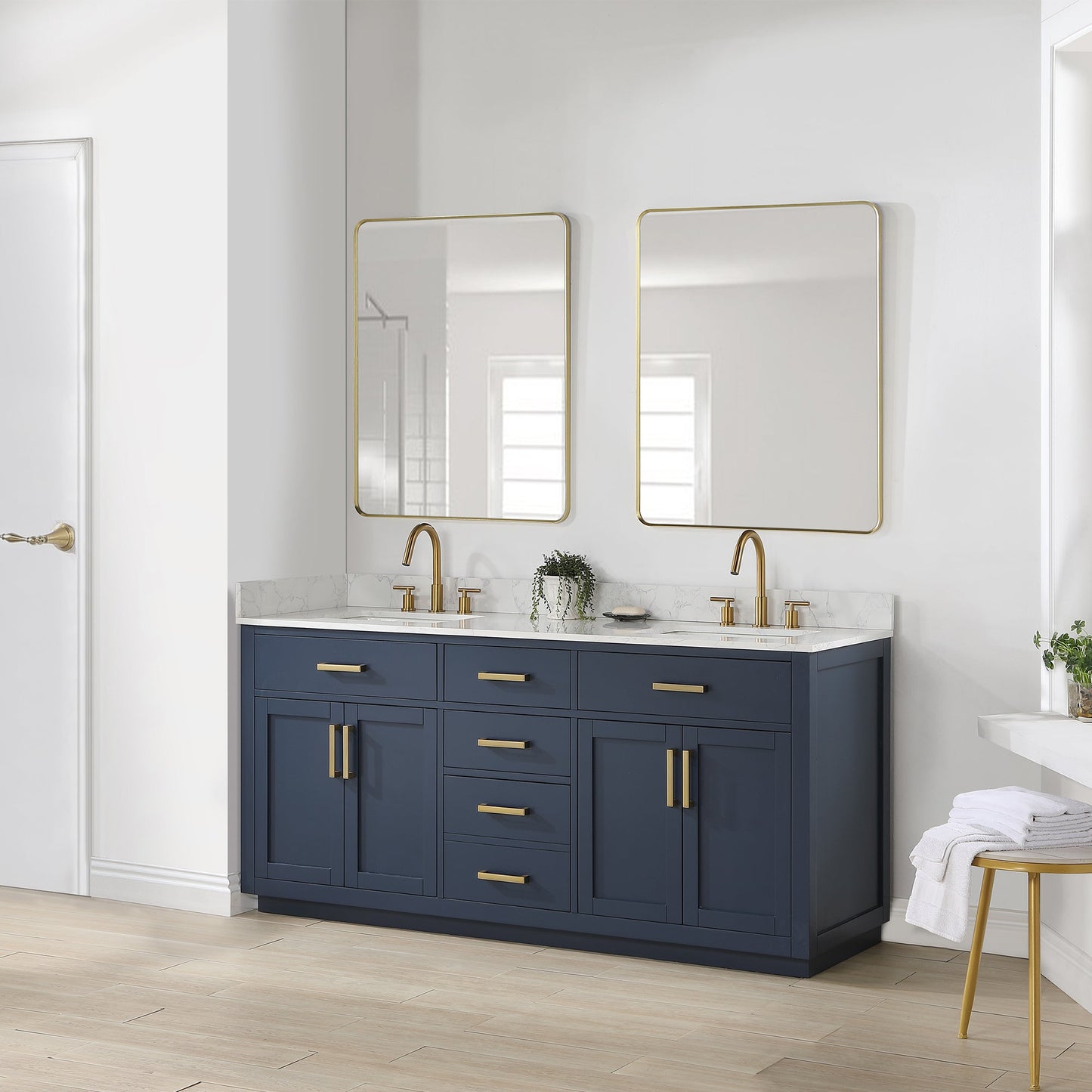 Gavino 72" Double Bathroom Vanity in Royal Blue with Grain White Composite Stone Countertop without Mirror