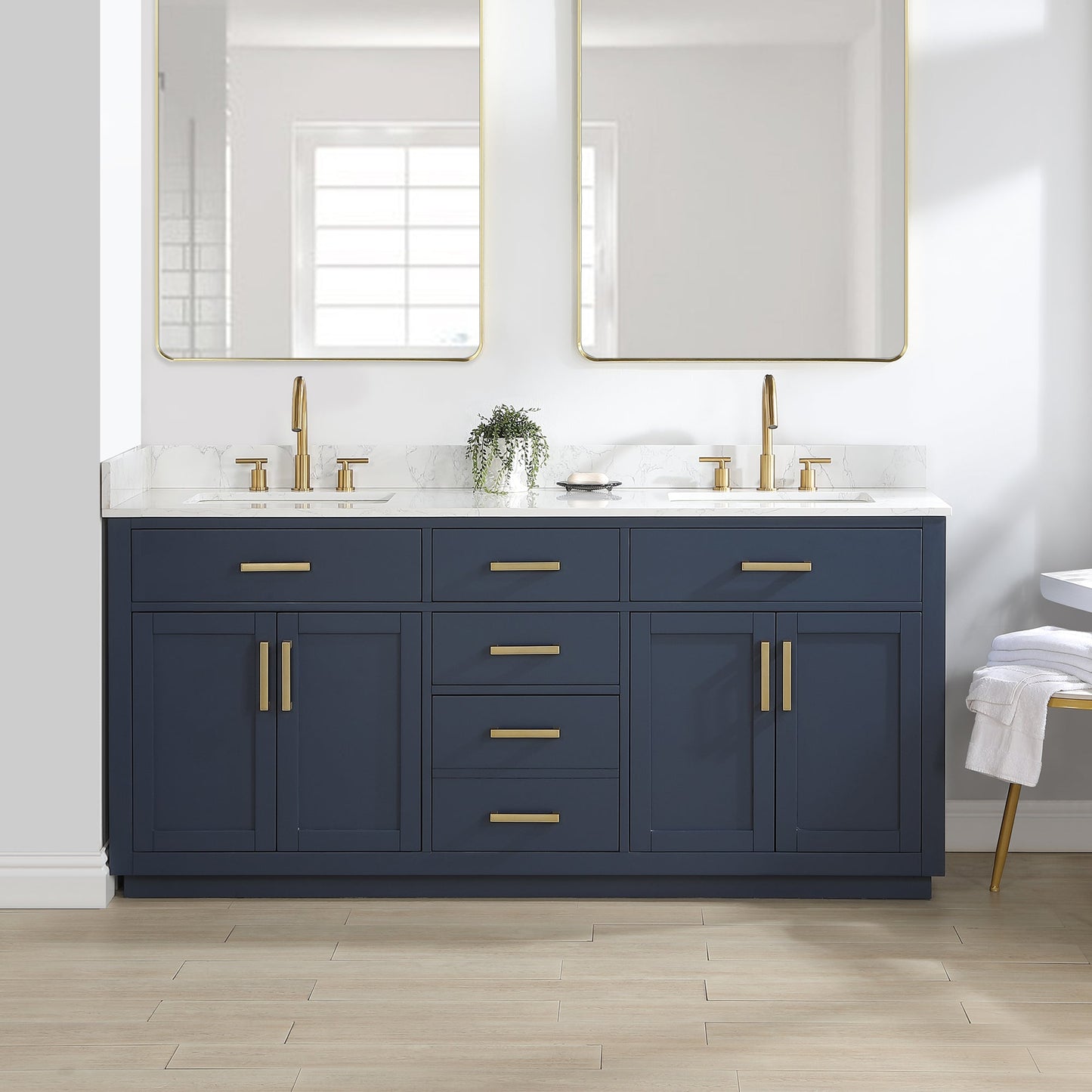 Gavino 72" Double Bathroom Vanity in Royal Blue with Grain White Composite Stone Countertop without Mirror