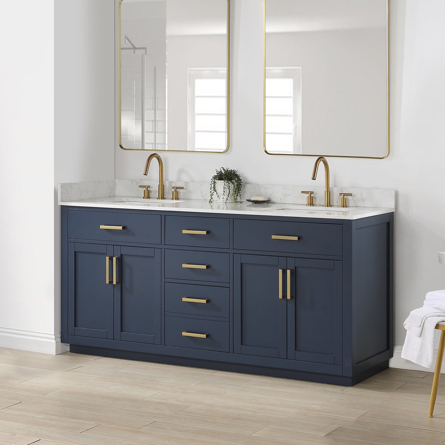 Gavino 72" Double Bathroom Vanity in Royal Blue with Grain White Composite Stone Countertop without Mirror