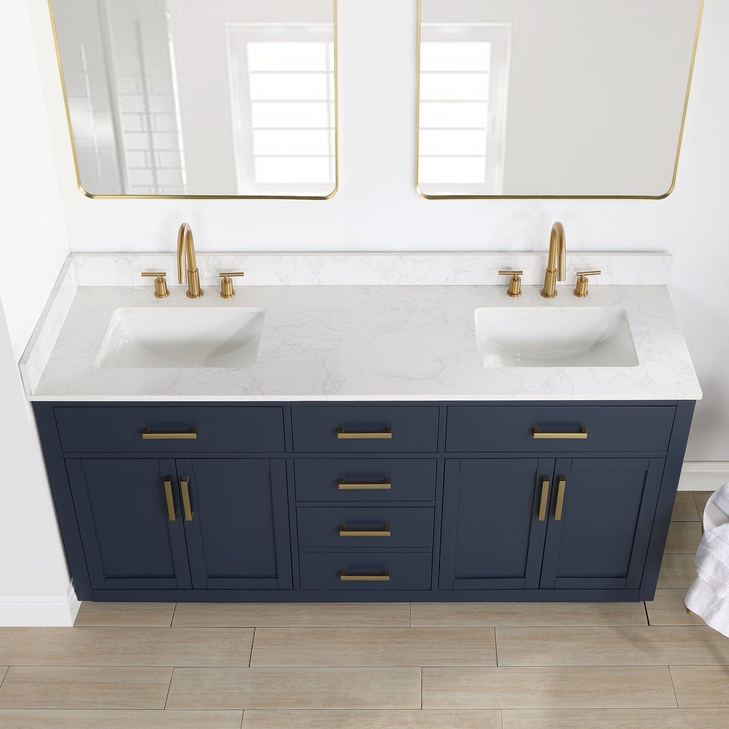 Gavino 72" Double Bathroom Vanity in Royal Blue with Grain White Composite Stone Countertop without Mirror