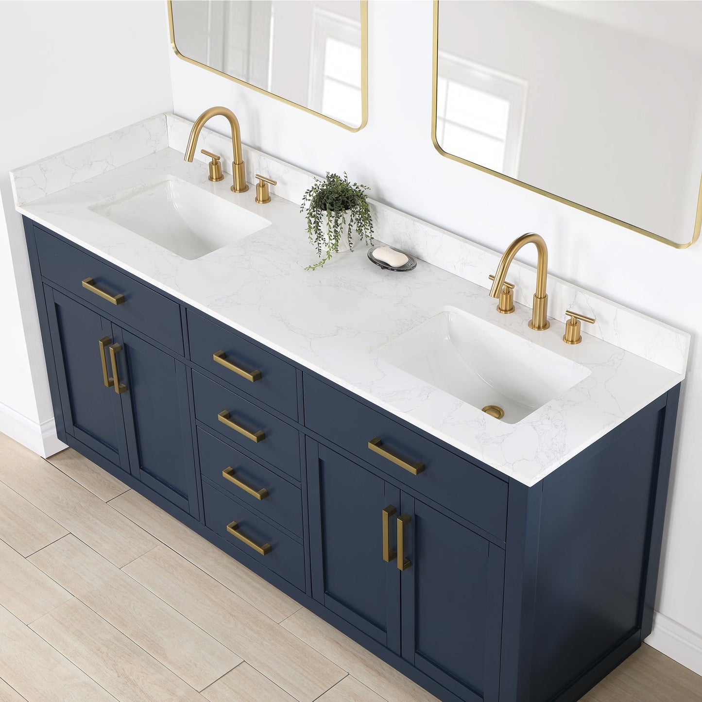 Gavino 72" Double Bathroom Vanity in Royal Blue with Grain White Composite Stone Countertop with Mirror