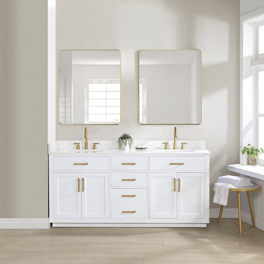 Gavino 72" Double Bathroom Vanity in White with Grain White Composite Stone Countertop without Mirror