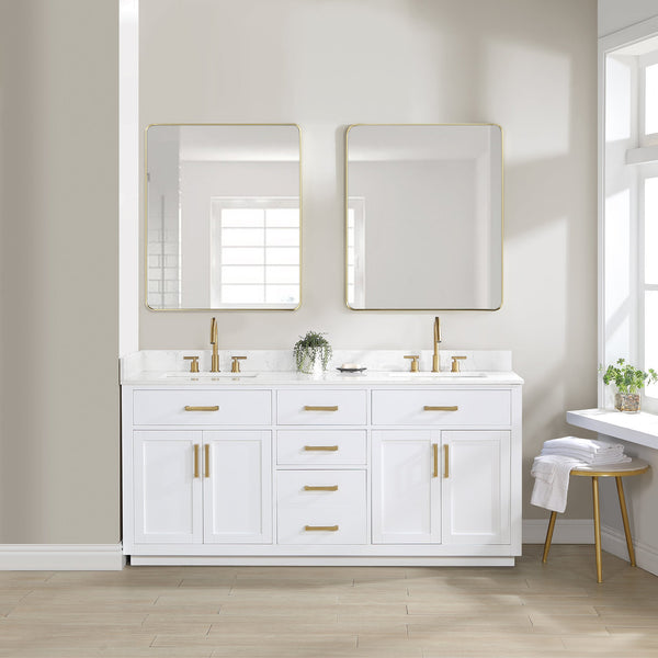 Gavino 72 Double Bathroom Vanity in White with Grain White Composite Stone Countertop without Mirror