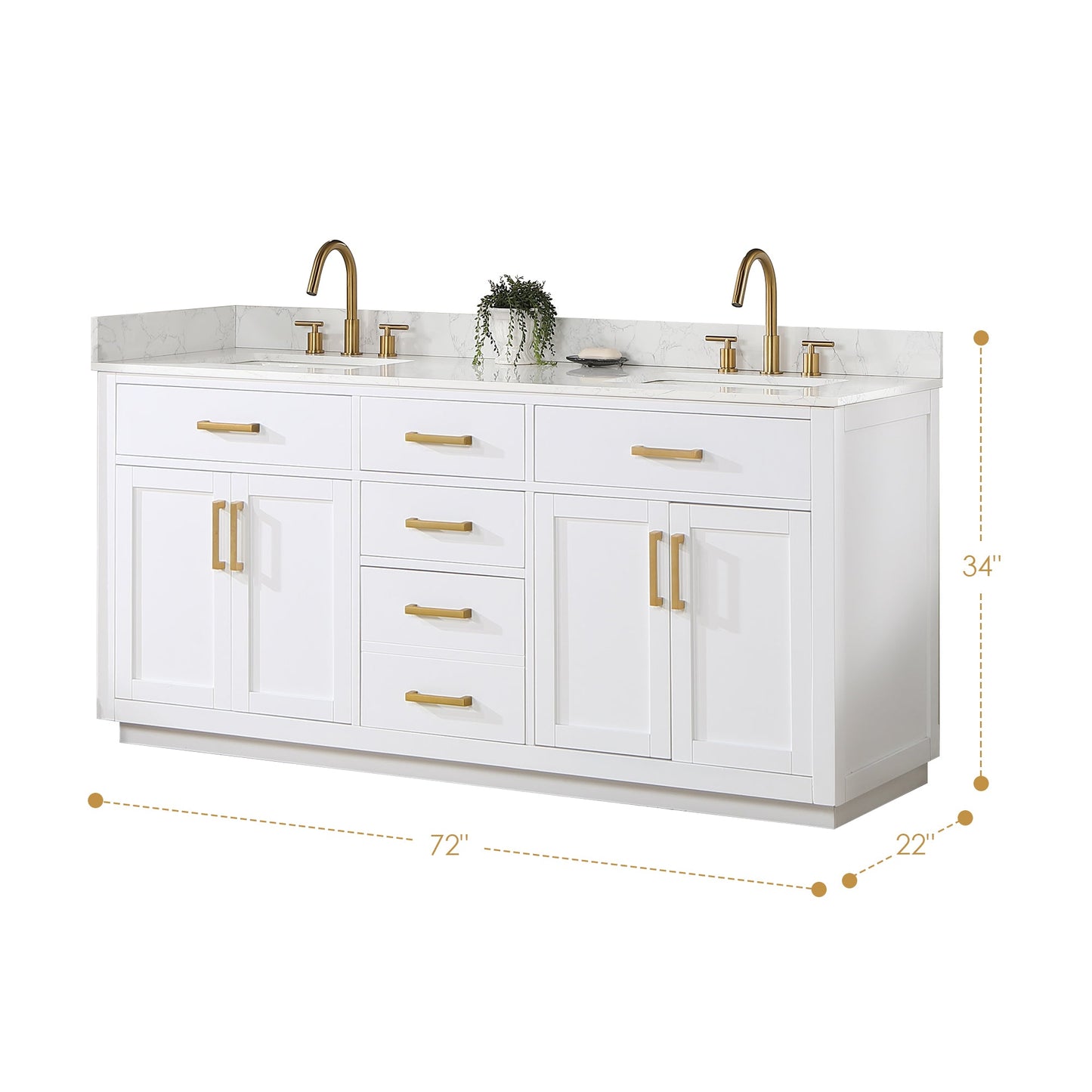 Gavino 72" Double Bathroom Vanity in White with Grain White Composite Stone Countertop without Mirror