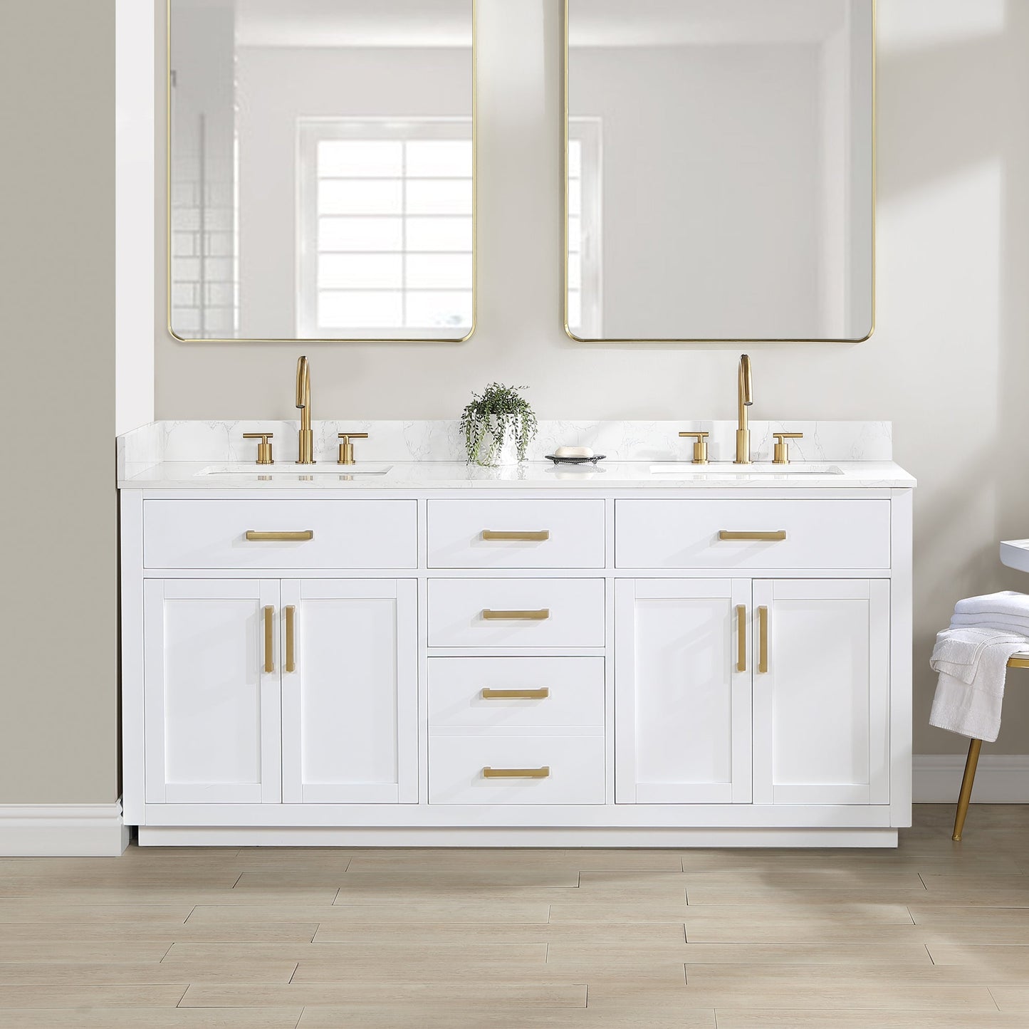 Gavino 72" Double Bathroom Vanity in White with Grain White Composite Stone Countertop without Mirror