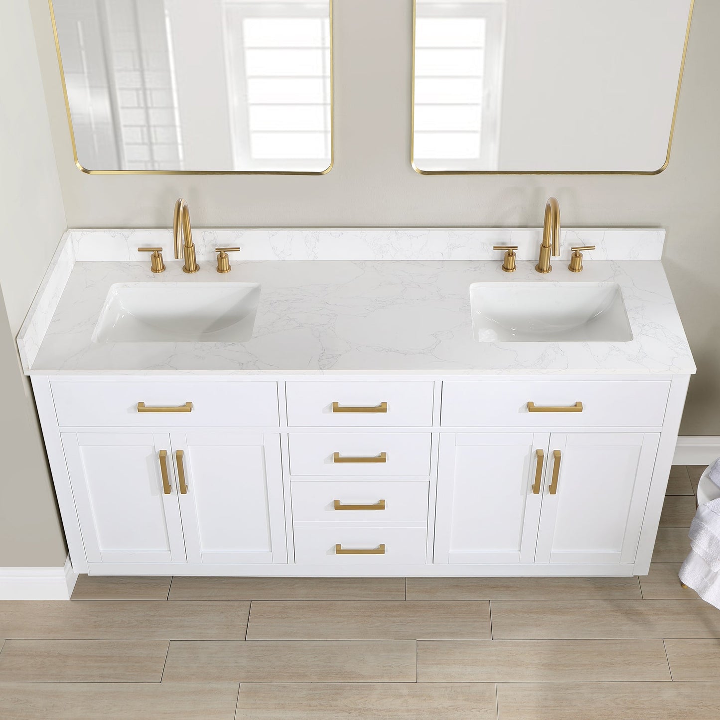 Gavino 72" Double Bathroom Vanity in White with Grain White Composite Stone Countertop without Mirror