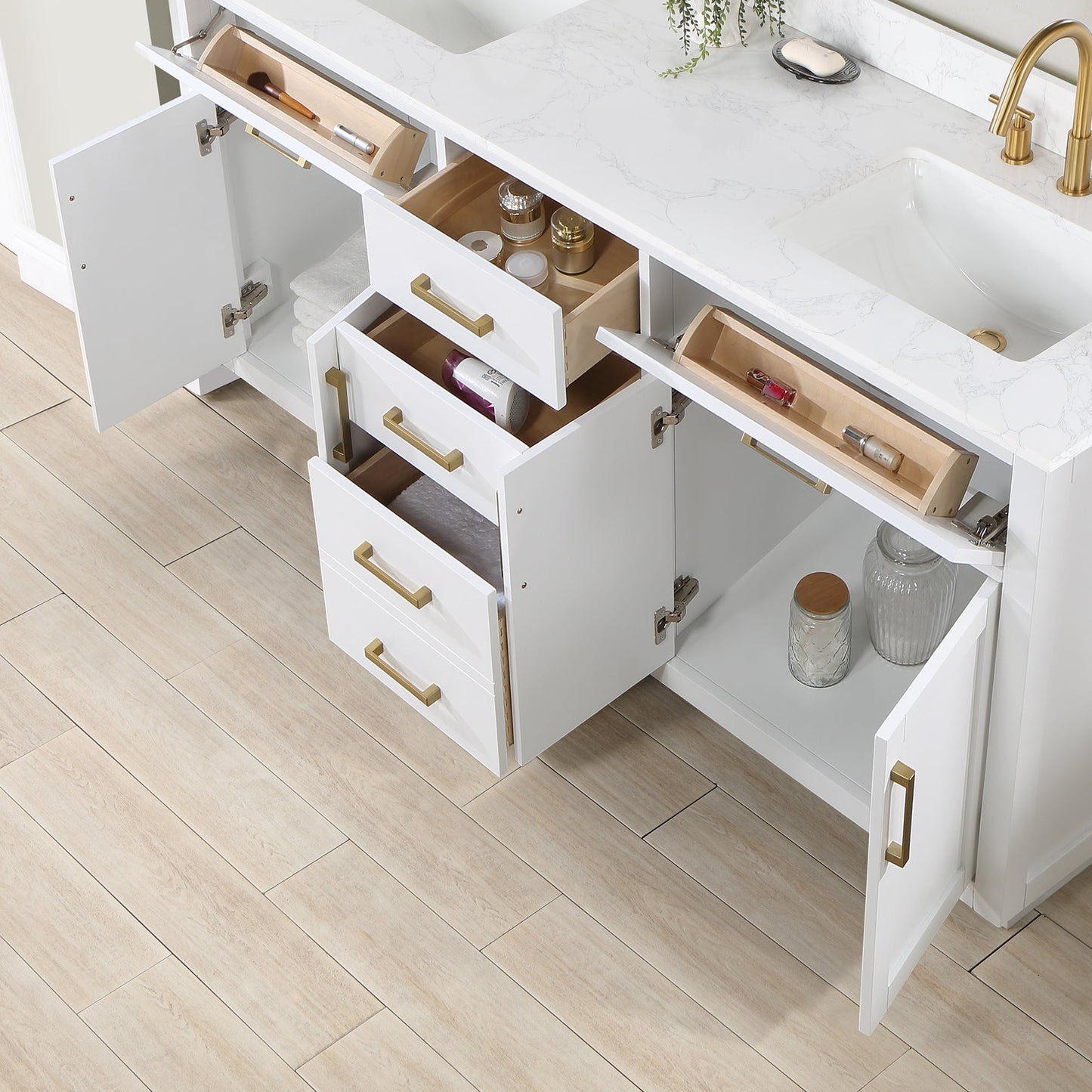 Gavino 72" Double Bathroom Vanity in White with Grain White Composite Stone Countertop without Mirror