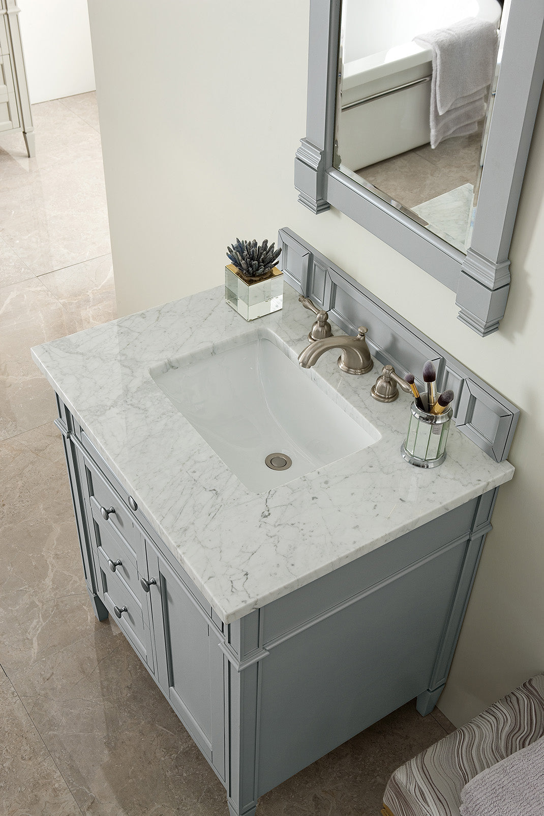 Brittany 30" Single Vanity, Urban Gray w/ 3 CM Carrara Marble Top