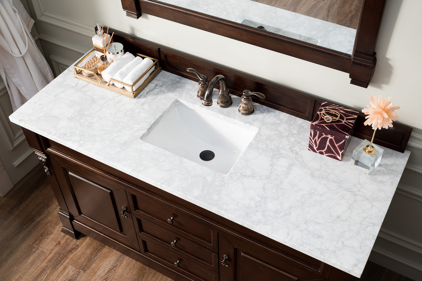 Brookfield 60" Single Vanity, Burnished Mahogany w/ 3 CM Carrara Marble Top