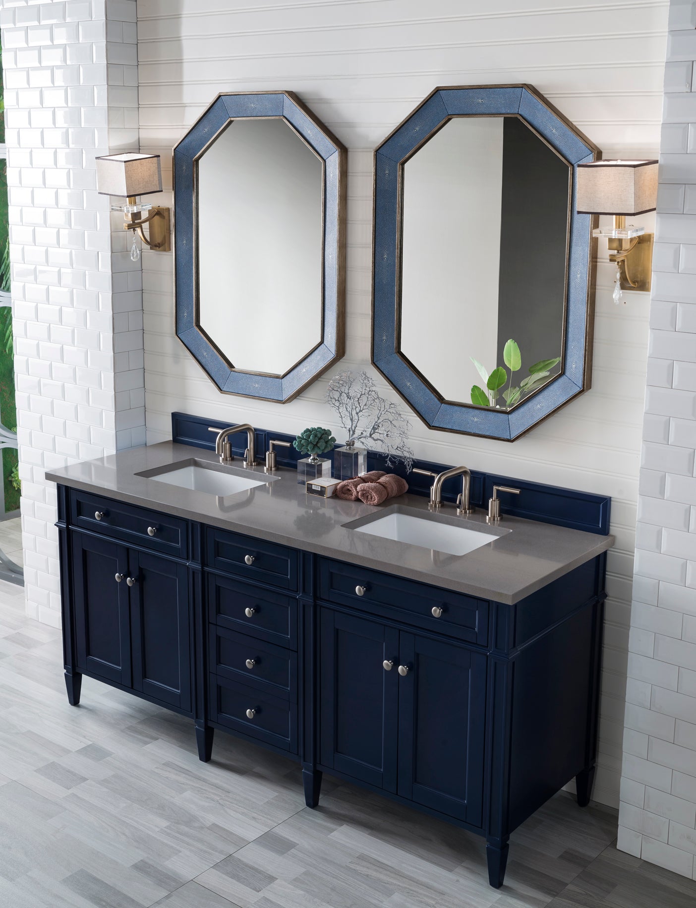 Brittany 72" Double Vanity, Victory Blue w/ 3 CM Grey Expo Quartz Top