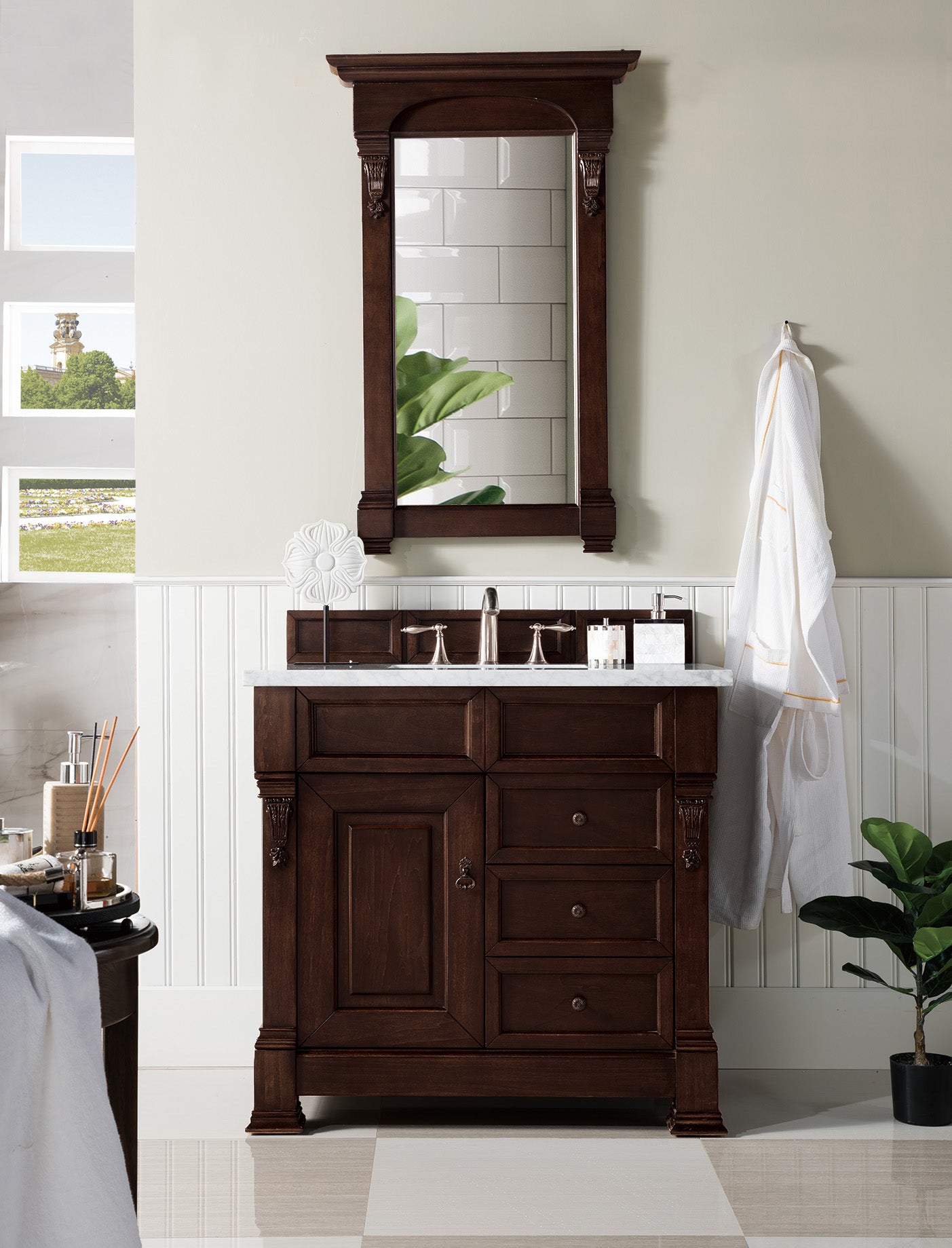 Brookfield 36" Single Vanity, Burnished Mahogany w/ 3 CM Carrara Marble Top