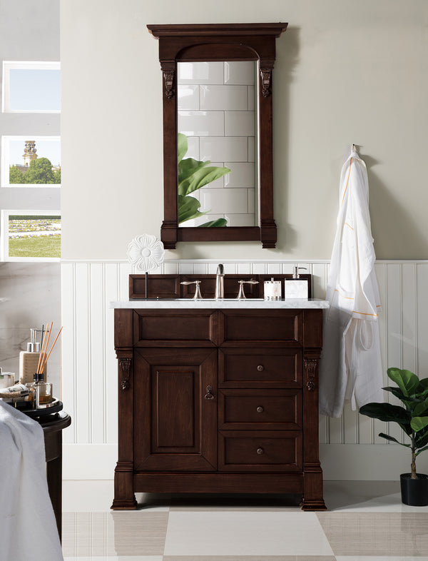 Brookfield 36 Single Vanity, Burnished Mahogany w/ 3 CM Carrara Marble Top