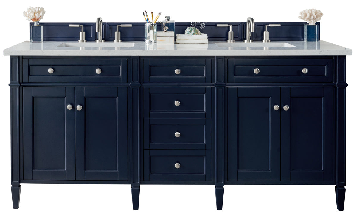 Brittany 72" Double Vanity, Victory Blue w/ 3 CM Carrara Marble Top