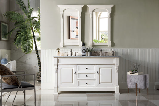 Brookfield 60" Double Vanity, Bright White w/ 3 CM Carrara Marble Top