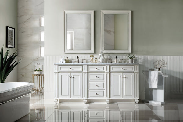 Bristol 72 Double Vanity, Bright White w/ 3 CM Carrara Marble Top