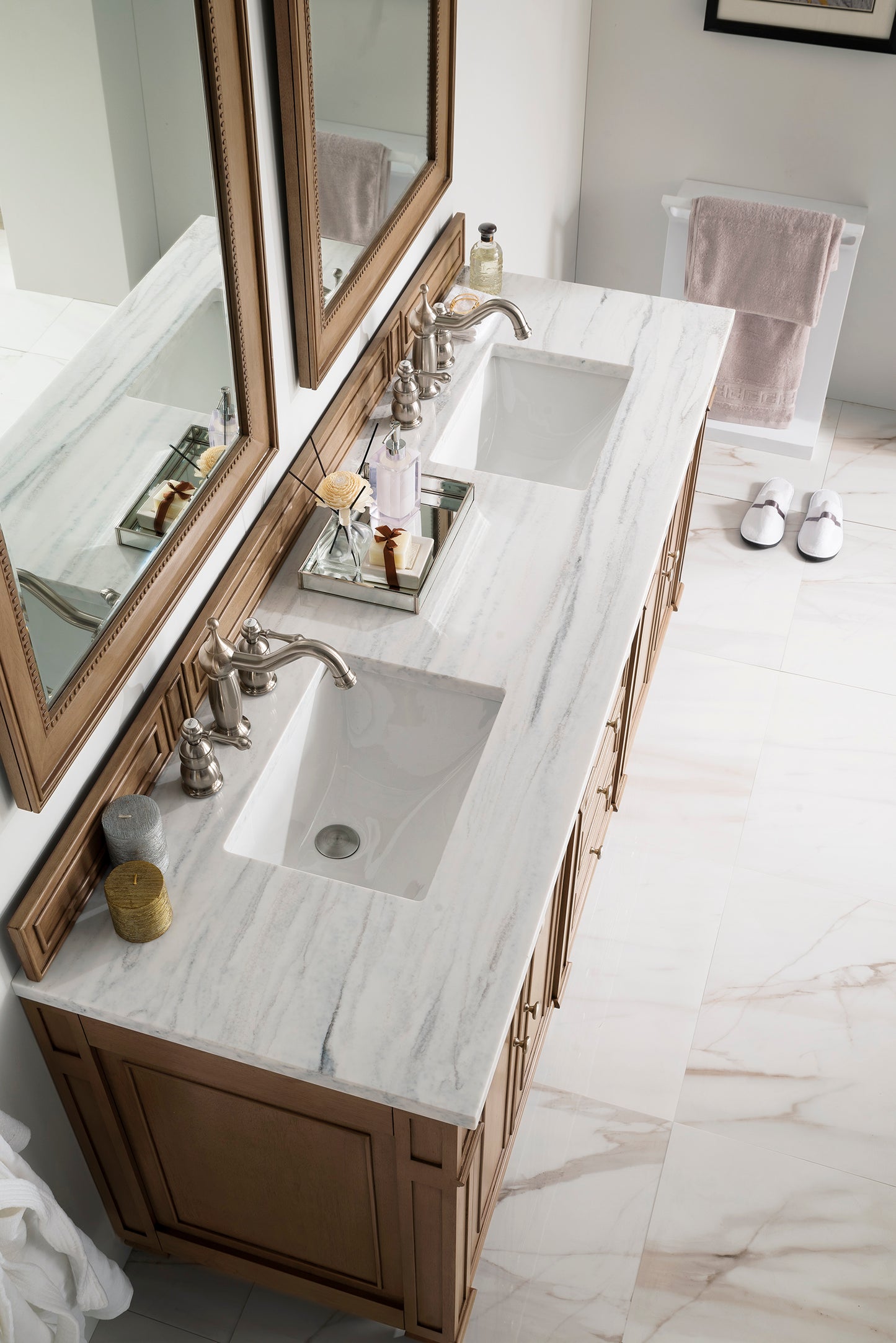 Bristol 72" Double Vanity, Whitewashed Walnut w/ 3 CM Arctic Fall Solid Surface Top