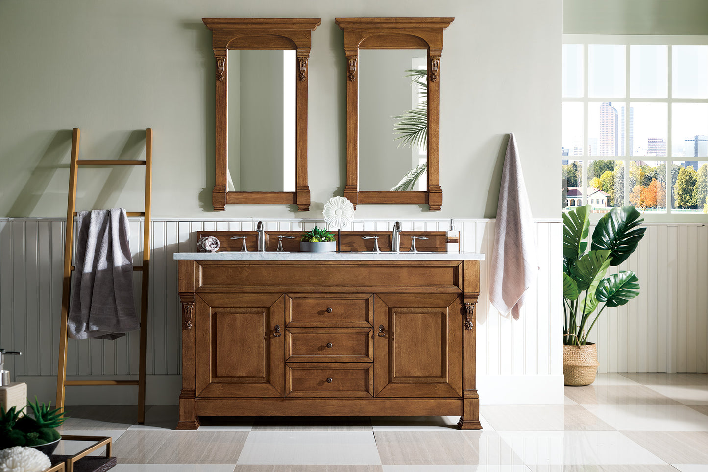 Brookfield 60" Double Vanity, Country Oak w/ 3 CM Carrara Marble Top