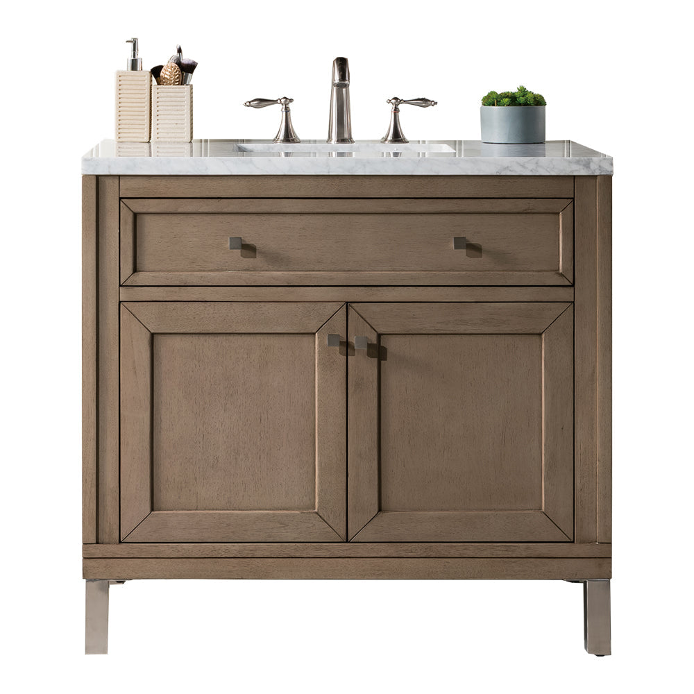 Chicago 36" Single Vanity, Whitewashed Walnut  w/ 3 CM Carrara Marble Top