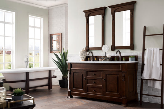 Brookfield 60" Double Vanity, Burnished Mahogany w/ 3 CM Carrara Marble Top